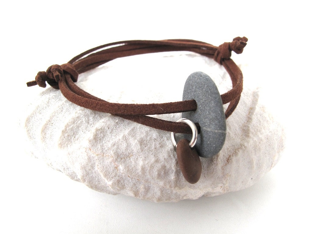 Beach Stone Surfers Bracelet : IT ROCKS CHARM Hand Drilled Natural Sea Stone River Rock Mens Jewelry Unisex Wrap Bracelet Brown Suede