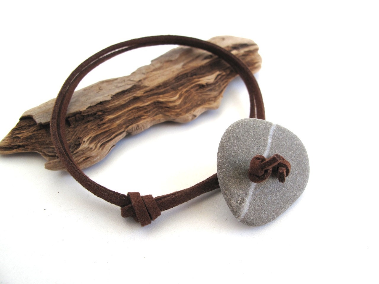 Beach Pebble Surfer Bracelet : IT ROCKS HAZY Hand Drilled Natural Beach Stone Wrap Bracelet Rock Brown Suede Cord Unisex Beach Jewelry