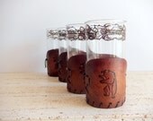 Drinking Glasses with Leather Holders, Angry Grizzly Bears, Set of Four (4)
