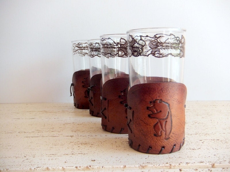 Drinking Glasses with Leather Holders, Angry Grizzly Bears, Set of Four (4)