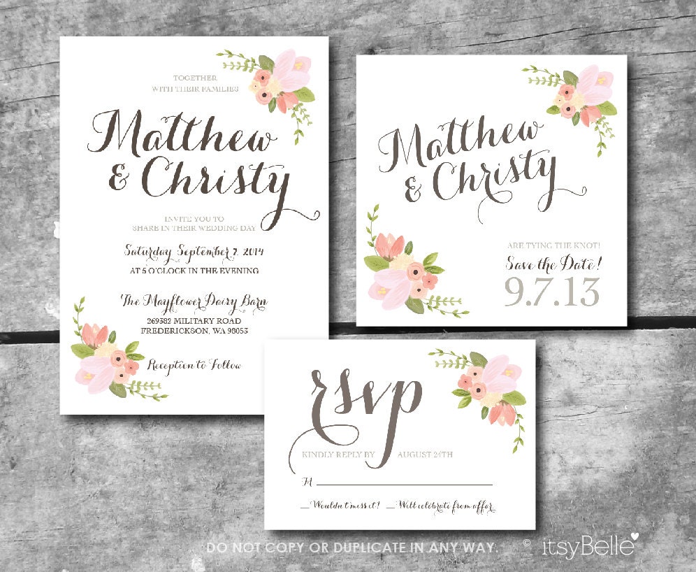 Rustic Floral Wedding Suite - Custom PRINTABLE Save the Date, Invitation, RSVP card by Itsy Belle Il_170x135