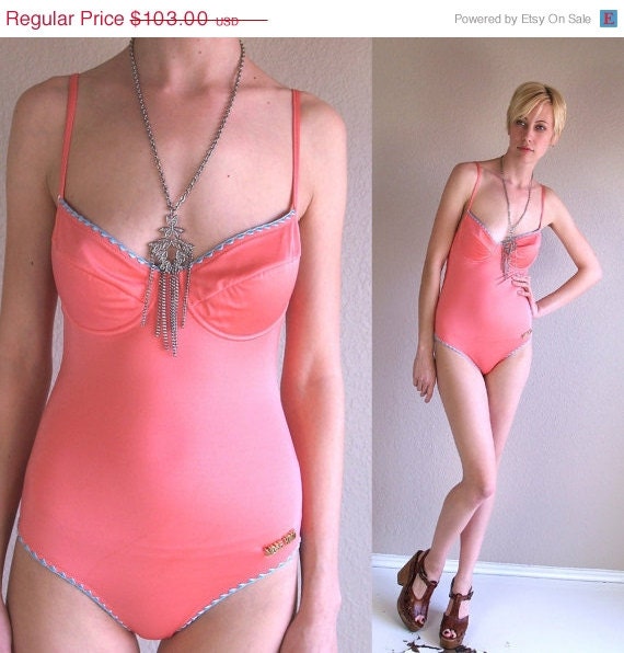 SALE auth MOSCHINO swimsuit vtg 80s gold letters CORAL Pink bustier Medium swim suit