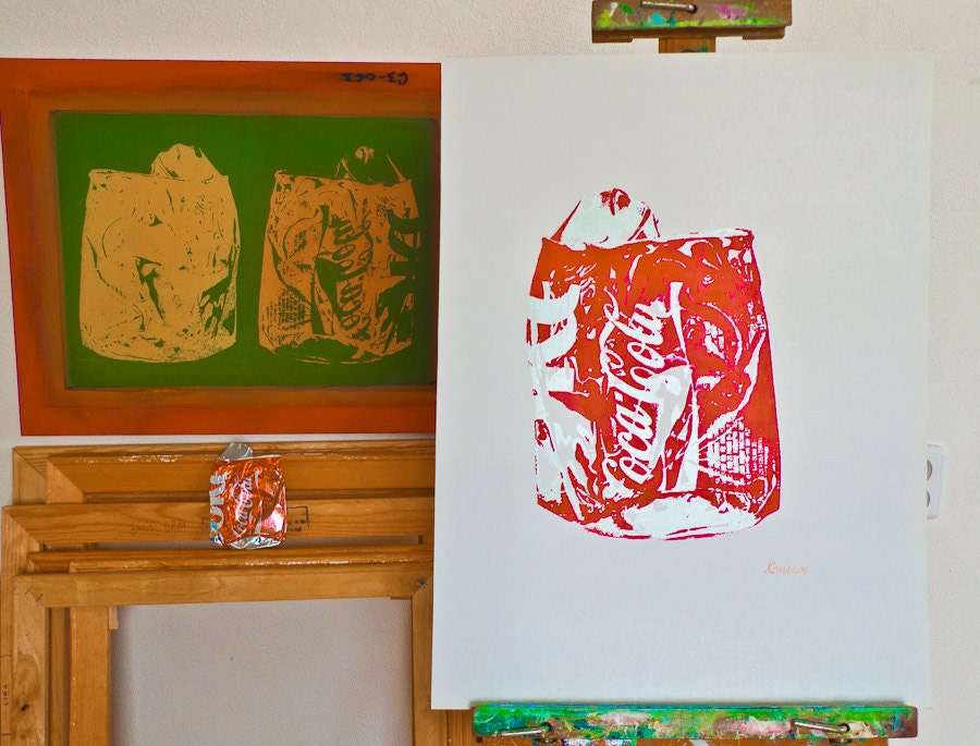 Crushed Coke Can - original handmade silkscreen art screenprint - Red Coca Cola screen print 13" x 9" in.