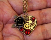 Steampunk Heart Necklace (N167) - Victorian Brass Heart Pendant on Chain - Gears and Brass Rose - Swarovski Crystals