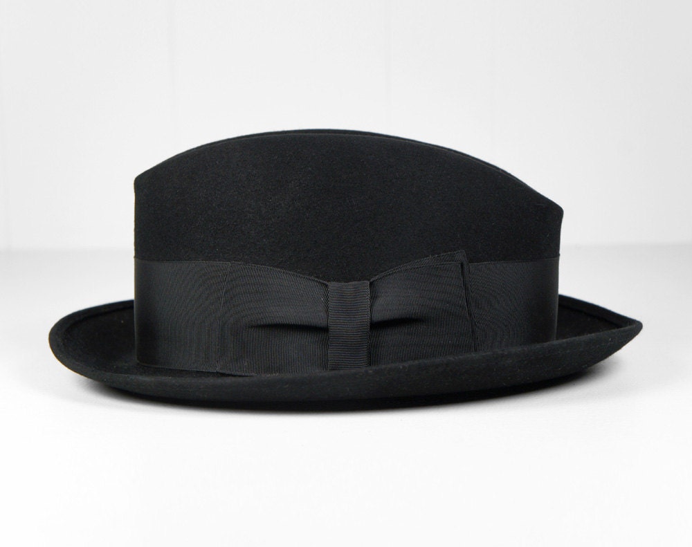 Vintage 1950's Black Fur Felt Fedora -  Size 7