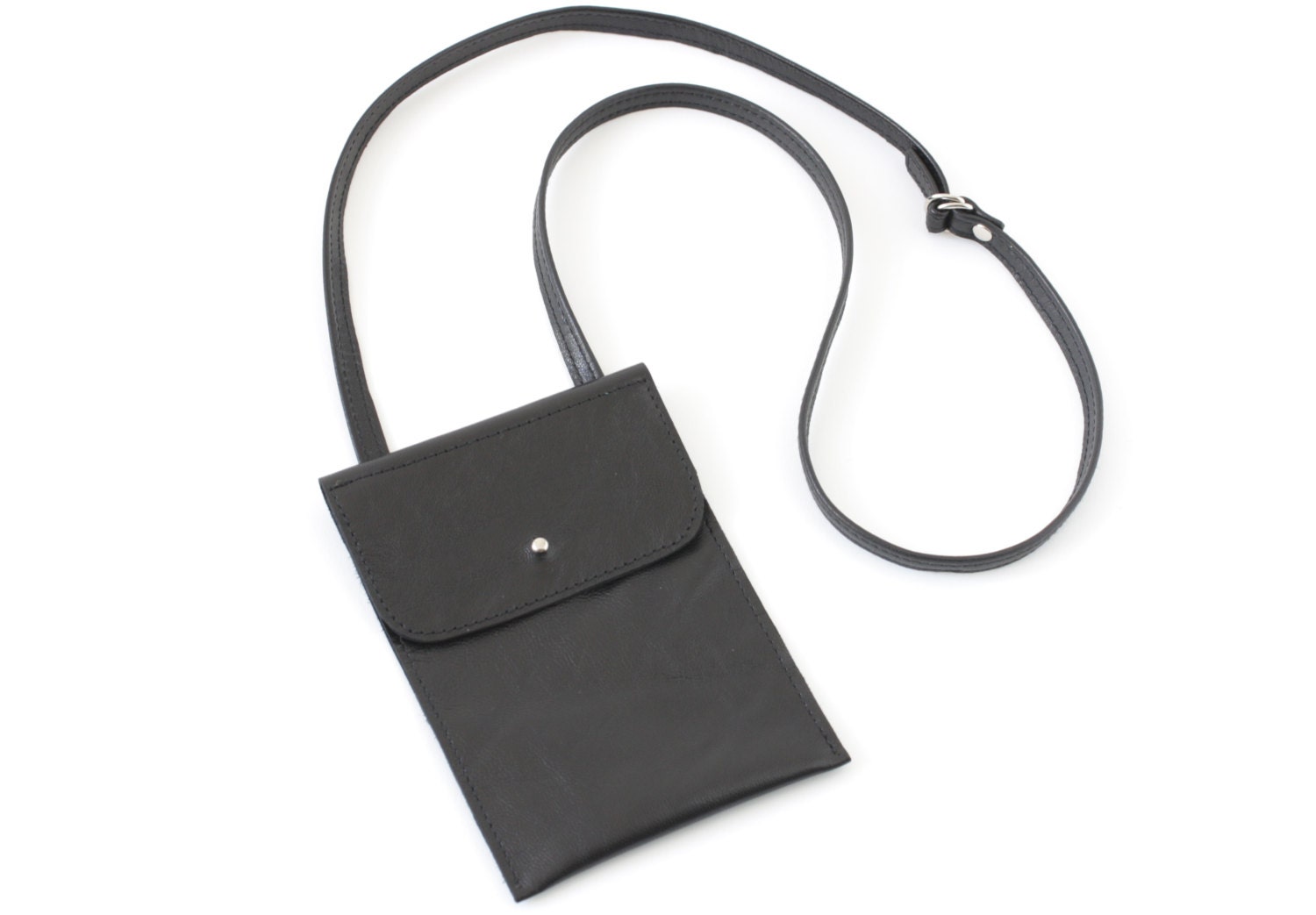 Genuine Leather Neck Pouch / Hip Bag / iPhone Case in Black, small leather purse