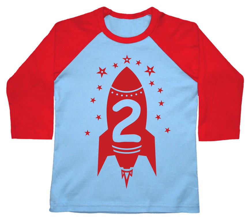 Second Birthday boys shirt kids toddler Happy 2nd Party Red Rocket American Apparel Raglan 3/4 Sleeve tshirt 2nd, 3rd, 4th, 5th