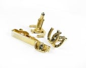 Vintage Horseshoe Cufflink Set / Swank Cufflinks and Tie Clip Set / Rhinestone Cufflinks Set - Boutons de Manchette.