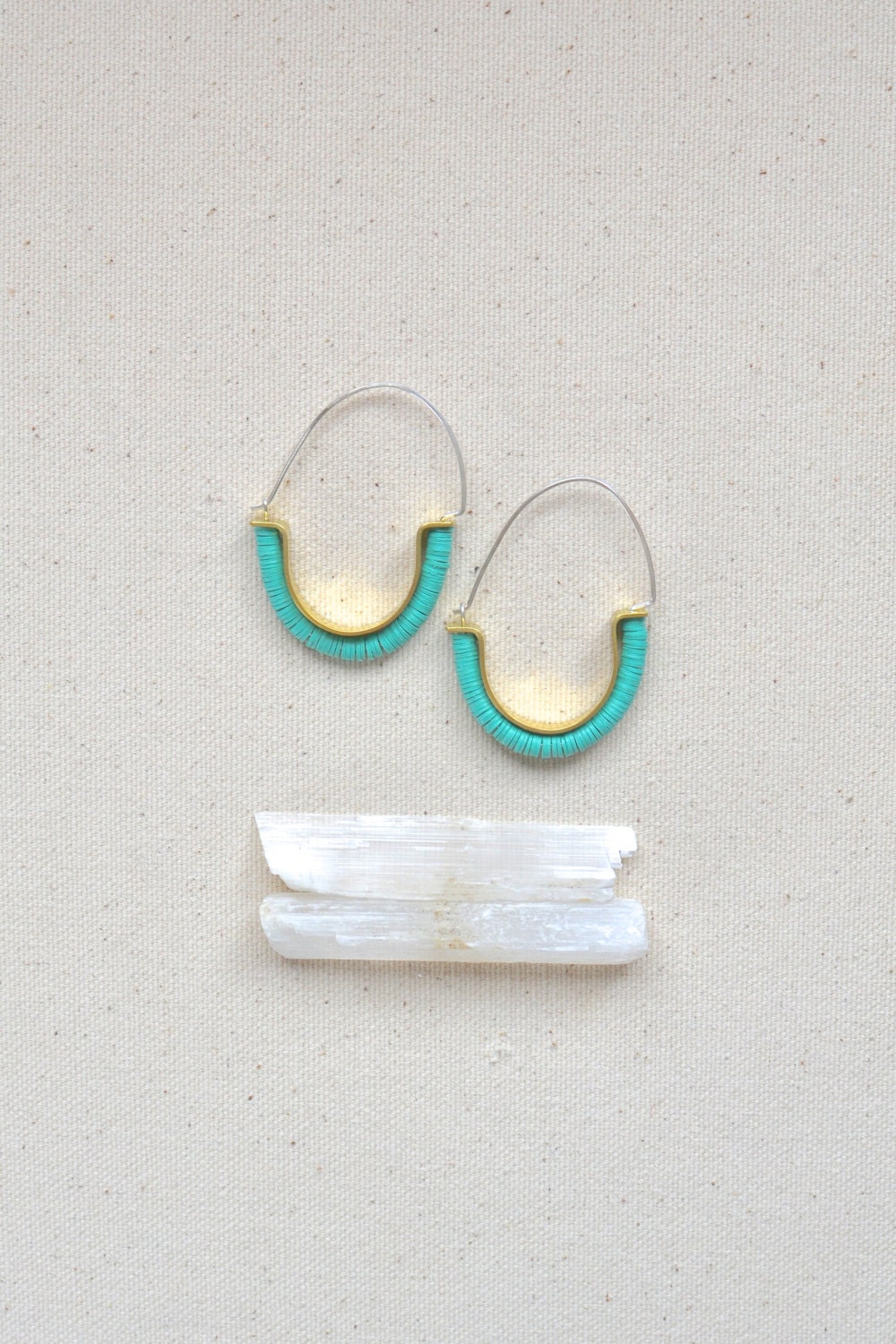 Temple Earrings in Turquoise - Tribal-inspired modern hoop earrings with recycled African vinyl and raw brass