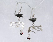 Silver Enchanting Crow and dove Winter Earings Bird Raven spinel Tree