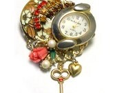 Recycled Steampunk Brooch, Upcycled Steampunk Brooch, eco friendly, made with vintage jewelry, watch, charms, orange, gold