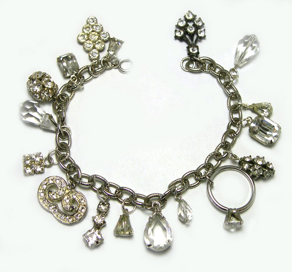 Rhinestone Charm Bracelet, Crystal Rhinestone Charms, vintage jewelry, charm bracelet, upcycled, recycled, eco friendly bracelet