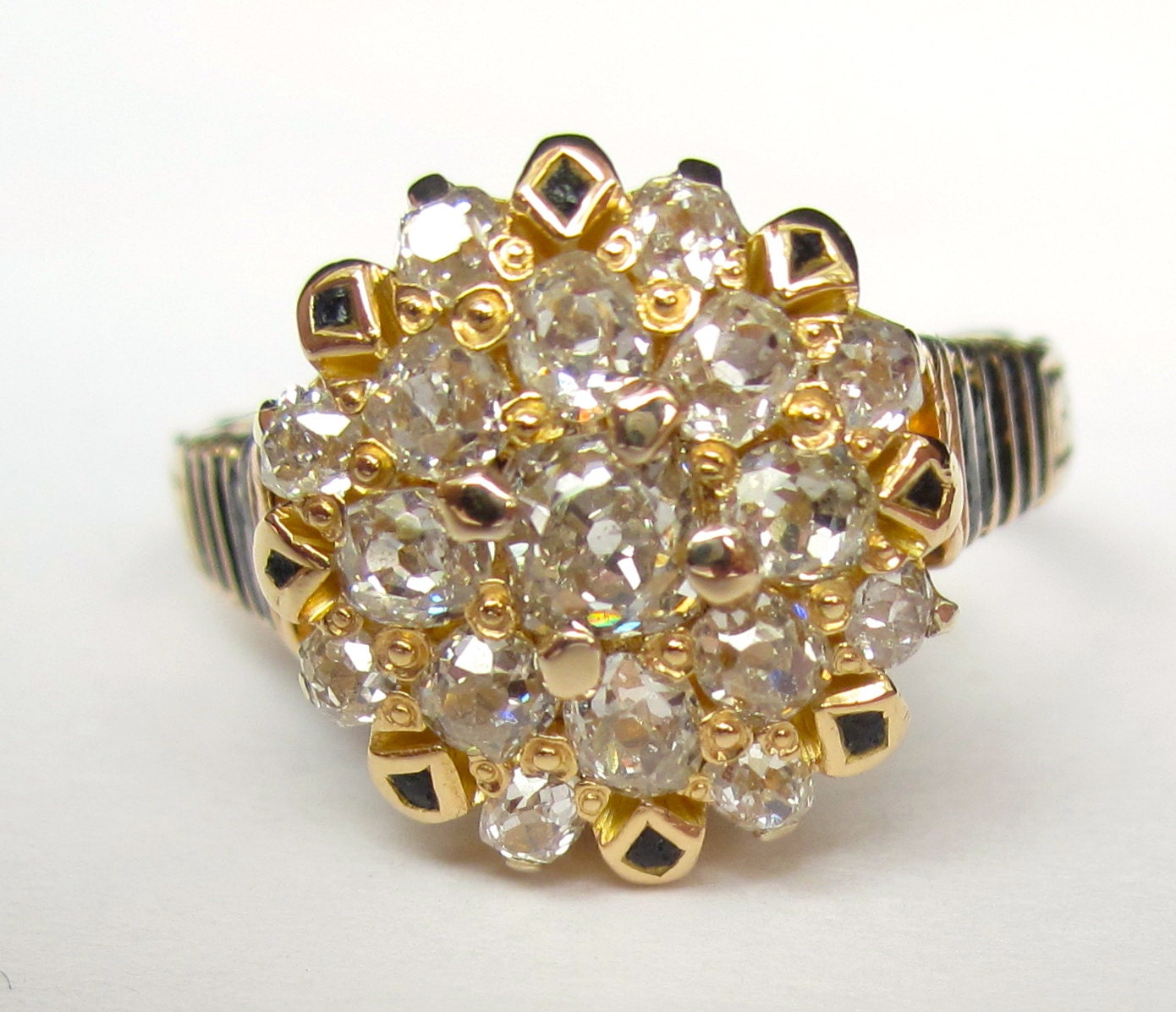 RESERVED Listing--- STUNNING Antique Victorian 1 Carat Diamond Cluster Enamel Engagement Ring 18K