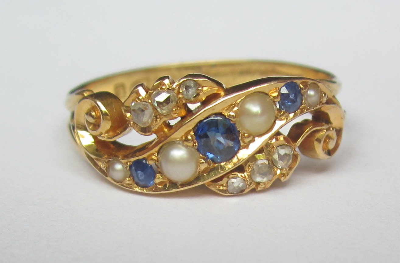 Antique (1894) Sapphire and Diamond and Pearl ART NOUVEAU Engagement Ring 18K