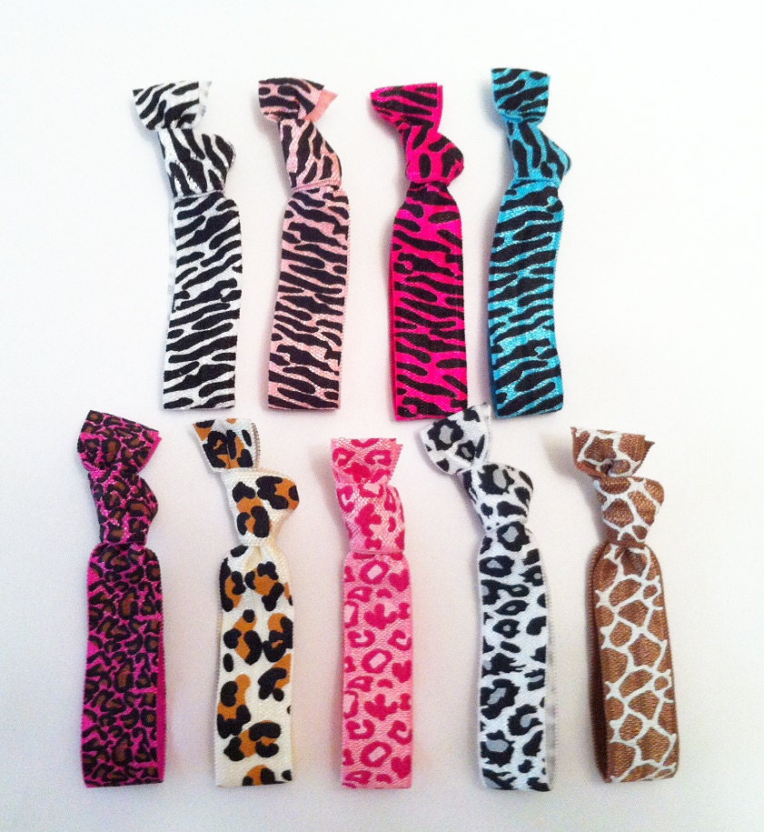 Pack of 5 ANIMAL Elastic Hair Tie / Chic Bohemian Bracelet Zebra Cheetah Leopard Giraffe by Enchanted