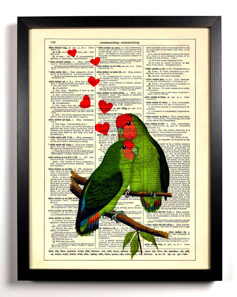 Love Birds, Tropical Green Love Birds, Vintage Dictionary Book Page Art Print, 8 x 10 Print