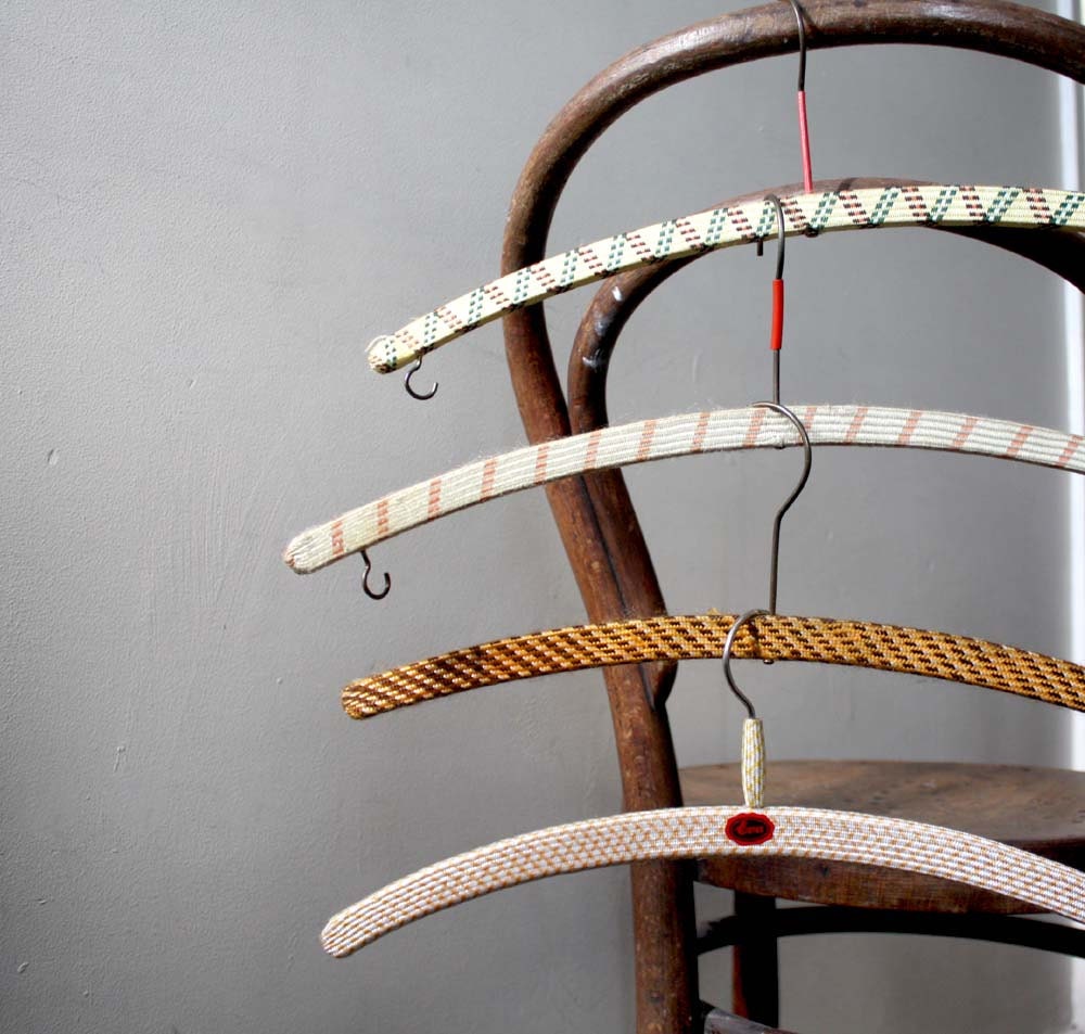 3 Vintage Wooden Plaid Fabric Covered Hangers. Mid Century Slim and Funky Retro Finds