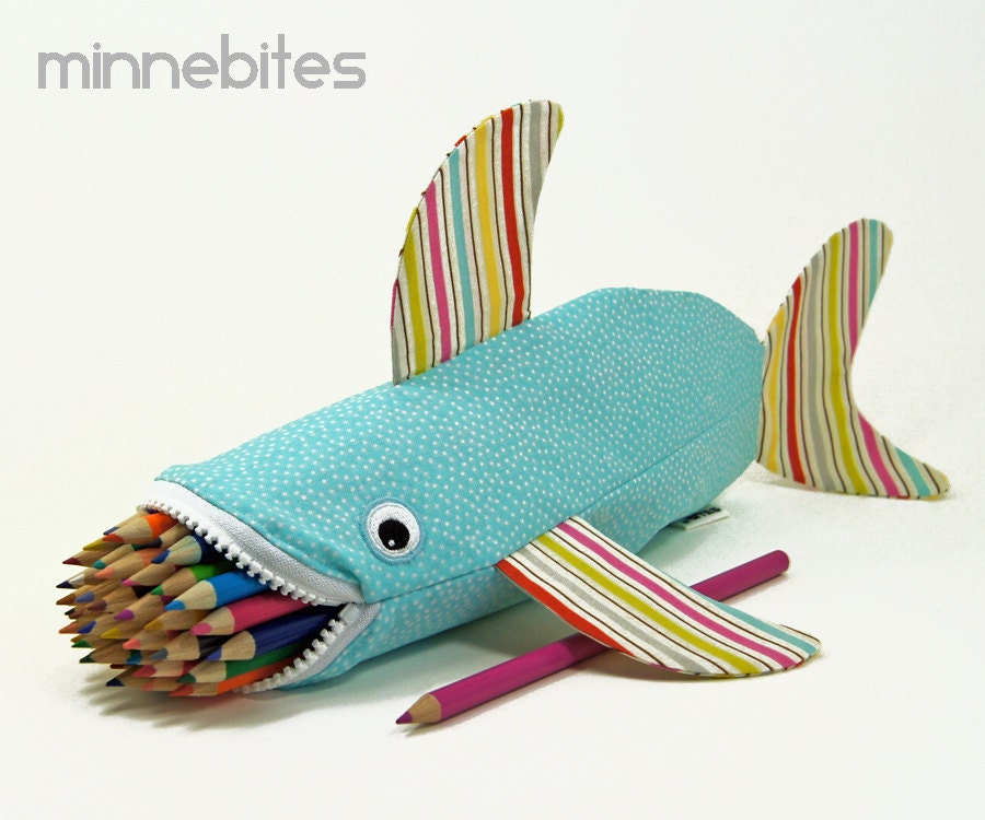 Shark Pencil Case by MinneBites / Handmade Zipper Pouch - Purse for Girls - Girls Pencil Bag - Pastel Blue School Bag, ready to ship