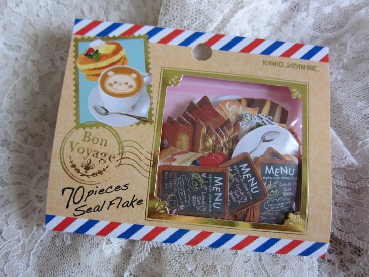 NEW 70 small sticker flakes Bon Voyage Cafe