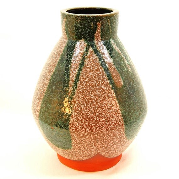 Terracotta Color Block Vase with Tan / Taupe Glaze and Green Free-Form Color Blocks, Textured Surface, Unsigned Vase, ca. 1970s from ZoeDesignsVintage on etsy.com