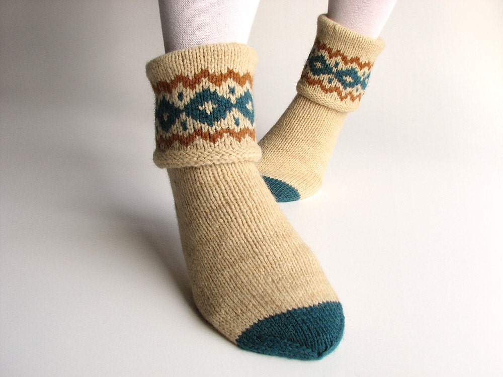 Patterned Hand Knitted Women's Woolen Socks - 100% Natural Wool