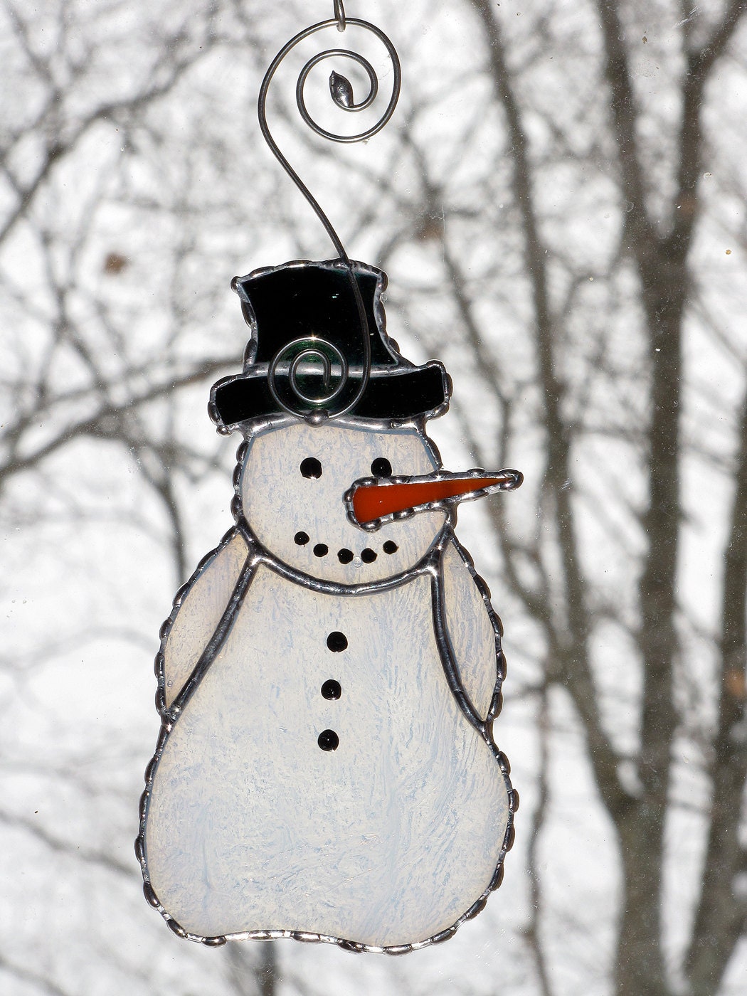 Christmas Holiday Stained Glass Suncatcher - Winter Icy Snowman with Style