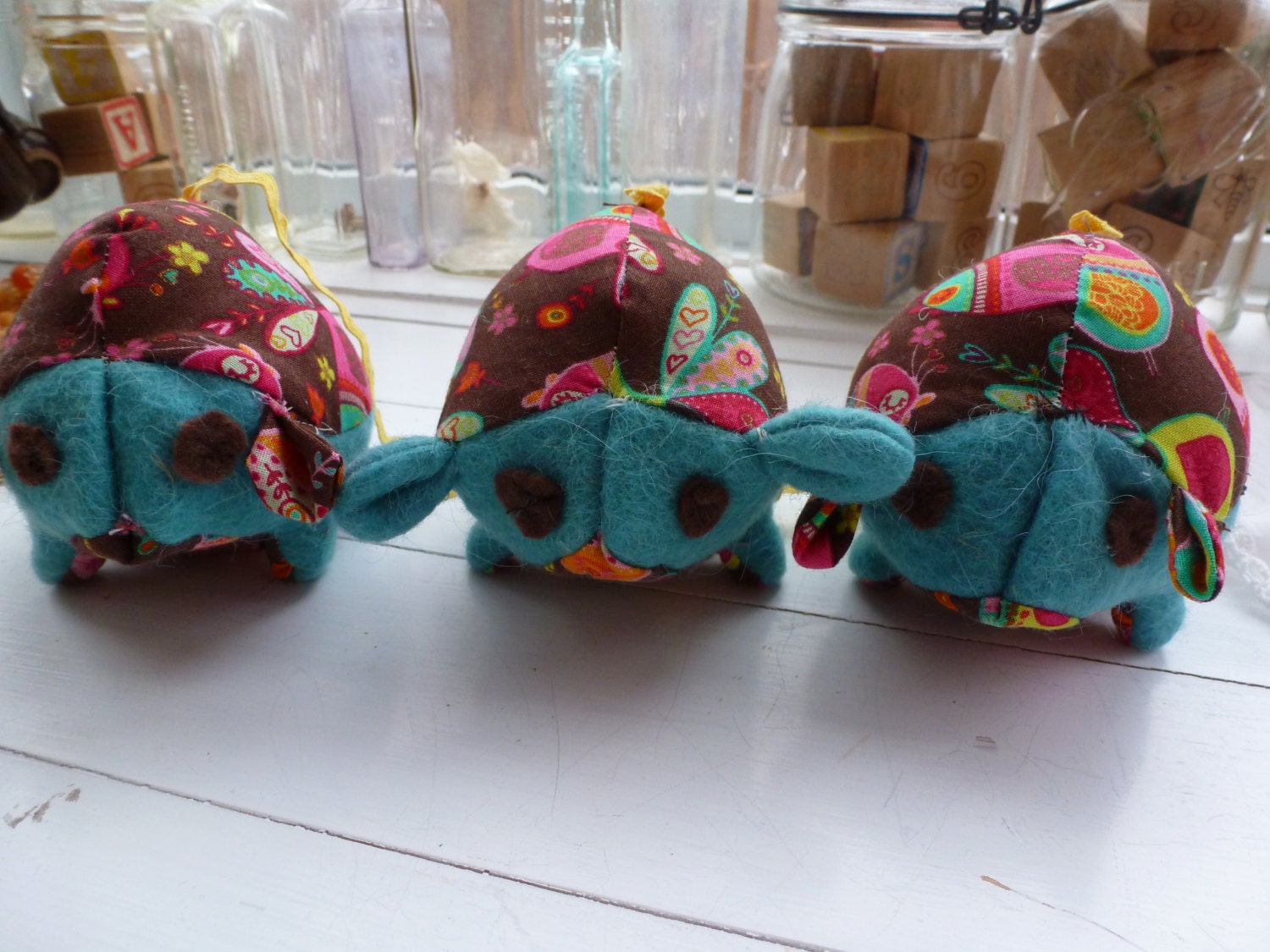 Hedgehogs, 3 Little Hedgehogs Felted Wool and Cotton, Turquoise, Brown and Pink