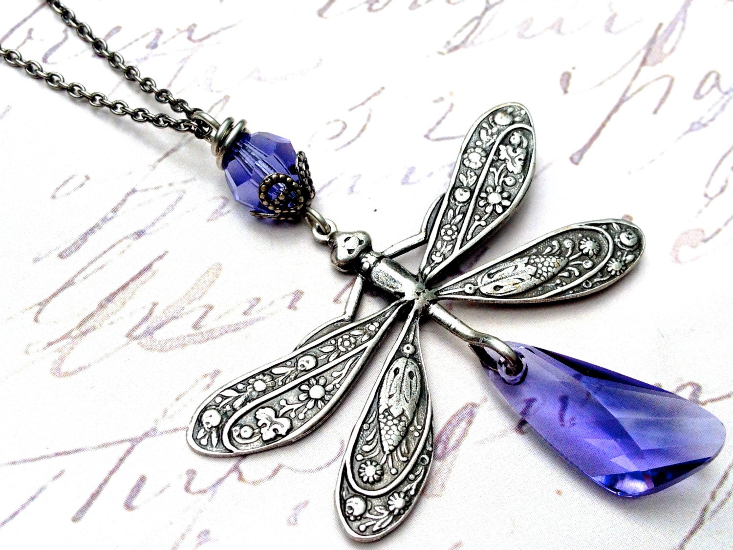 Tanzanite Dragonfly Extra long Chain Artisan Handmade Necklace