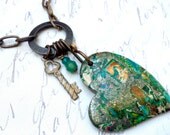 Artisan Heart Green Sea Sediment Heart with Vintaj Hope Ring Necklace