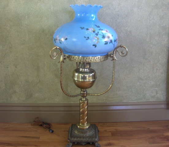 Large Victorian Brass Parlor Lamp - Handpainted Glass Shade - Converted to Electric - Blue with Pink Flowers