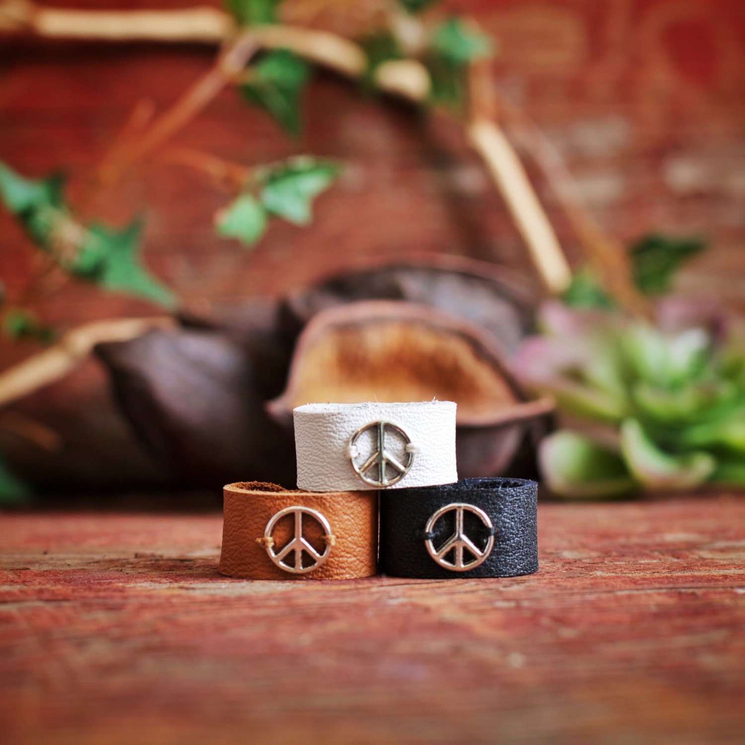 FREE SHIPPING US, An adjustable  peace sign leather ring,black,brown,white,Native American inspired,hippie,boho