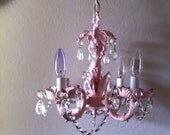 Vintage Petite Shabby Chic Pink Cherub Chandelier Dripping Crystals Prisms - Bathroom Vanity - Cottage Chic - Bed and Breakfast - Home Decor