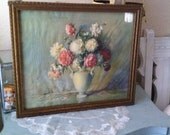 Vintage Floral Litho in Vintage Frame with Mirror Backing Shabby Chic Cottge
