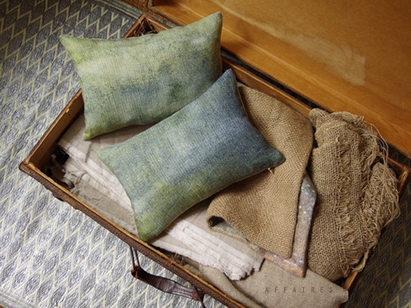 Mini  Pillow. Printed original motif. Green .. Seen from train /  FRAGMENTS