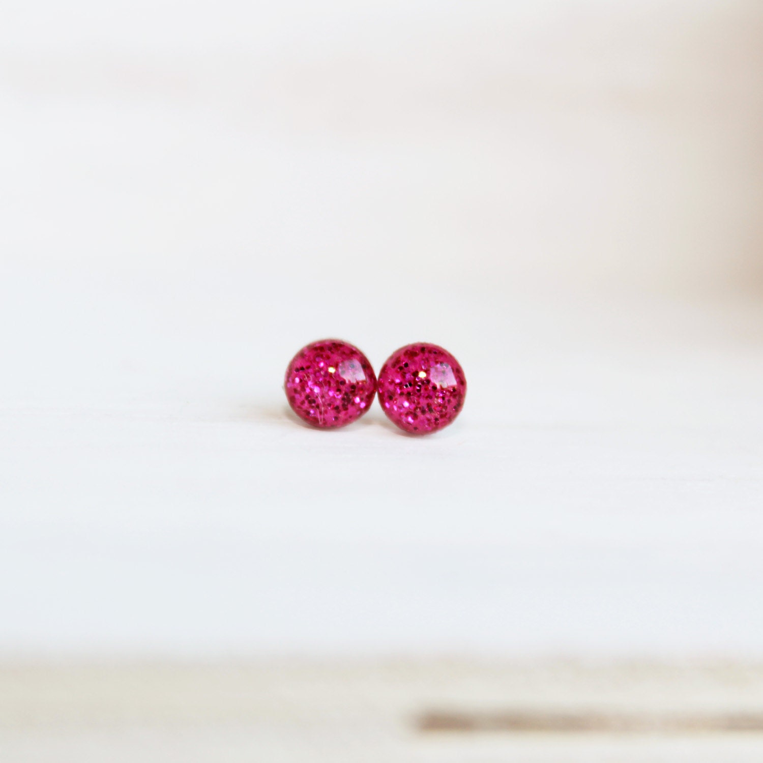 Raspberry Itty-Bitty Glitter Stud Earrings - Hypoallergenic Surgical Stainless Steel Posts - Magenta - Second Hole Earring