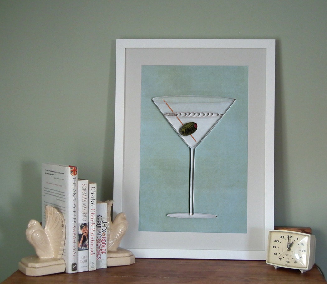 Dirty Martini poster, Bar Art print, quilled Martini with olive, quilling art print, Paper art print, 12x18in, Ready to ship