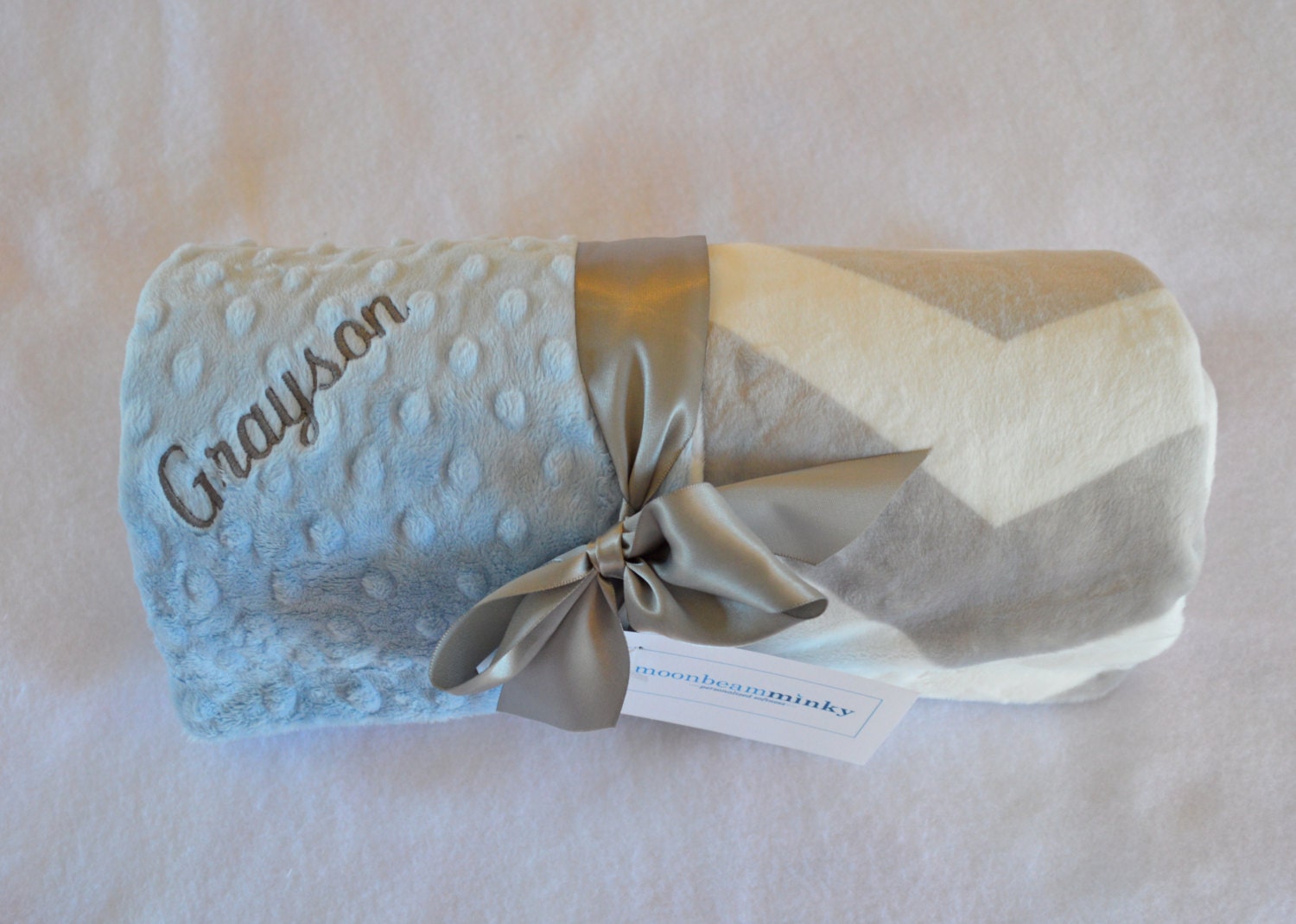 Monogrammed Chevron Minky Baby Blanket -  Gray and Light Blue Personalized - Soft Boy