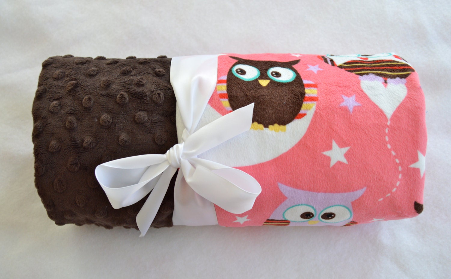 Monogrammed Minky Baby Blanket - Owls - Bright Coral Pink, Lavender, White and Brown - Personalized