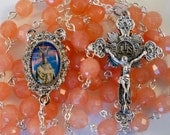 Handmade Catholic Rosary, Peachy Pink Tea Rose Malay Jade Gemstone Beads, Pieta Center