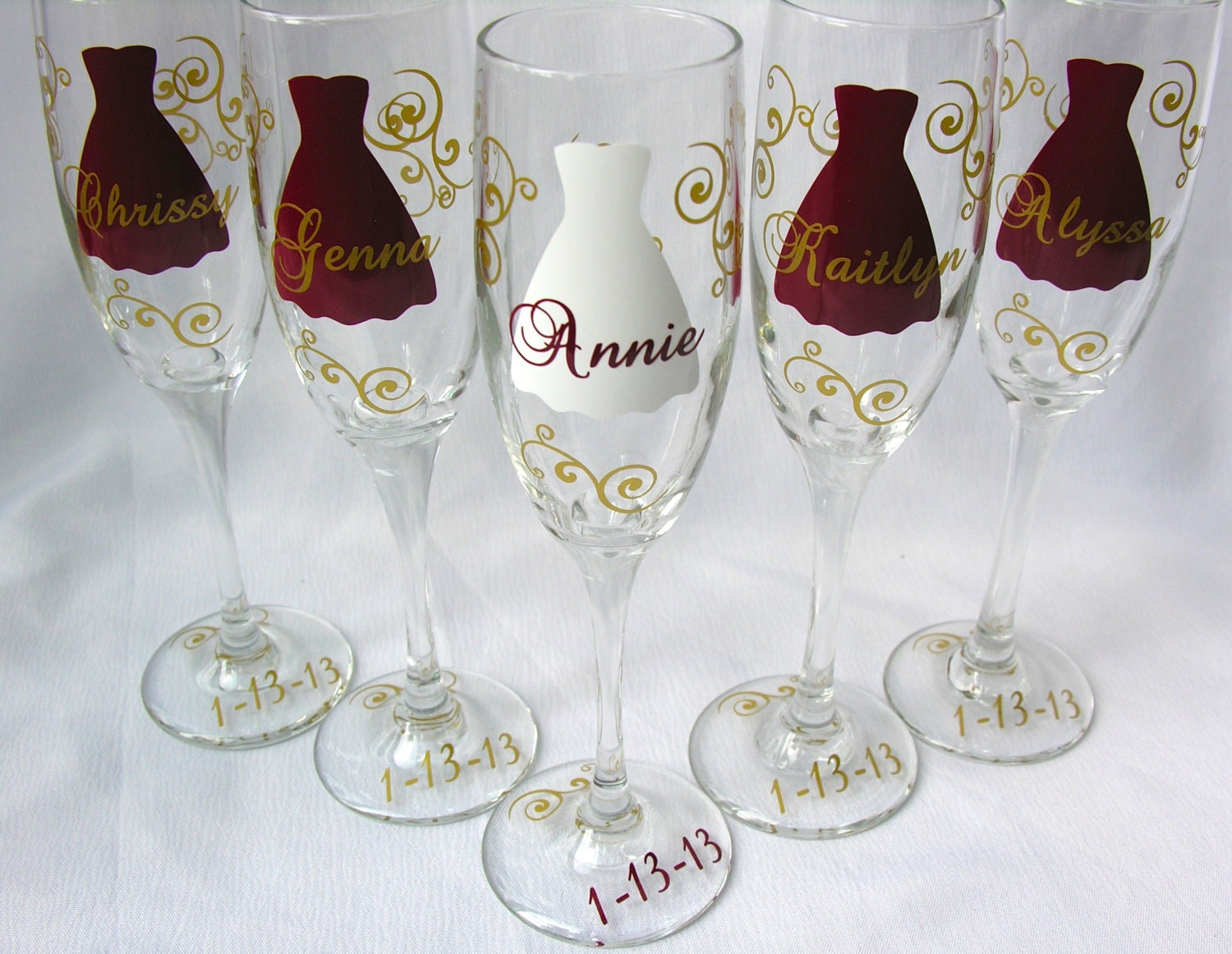 5 Bridesmaid dress champagne flutes glasses, name over the dress with title on the base, Burgundy, gold or your choice of colors.