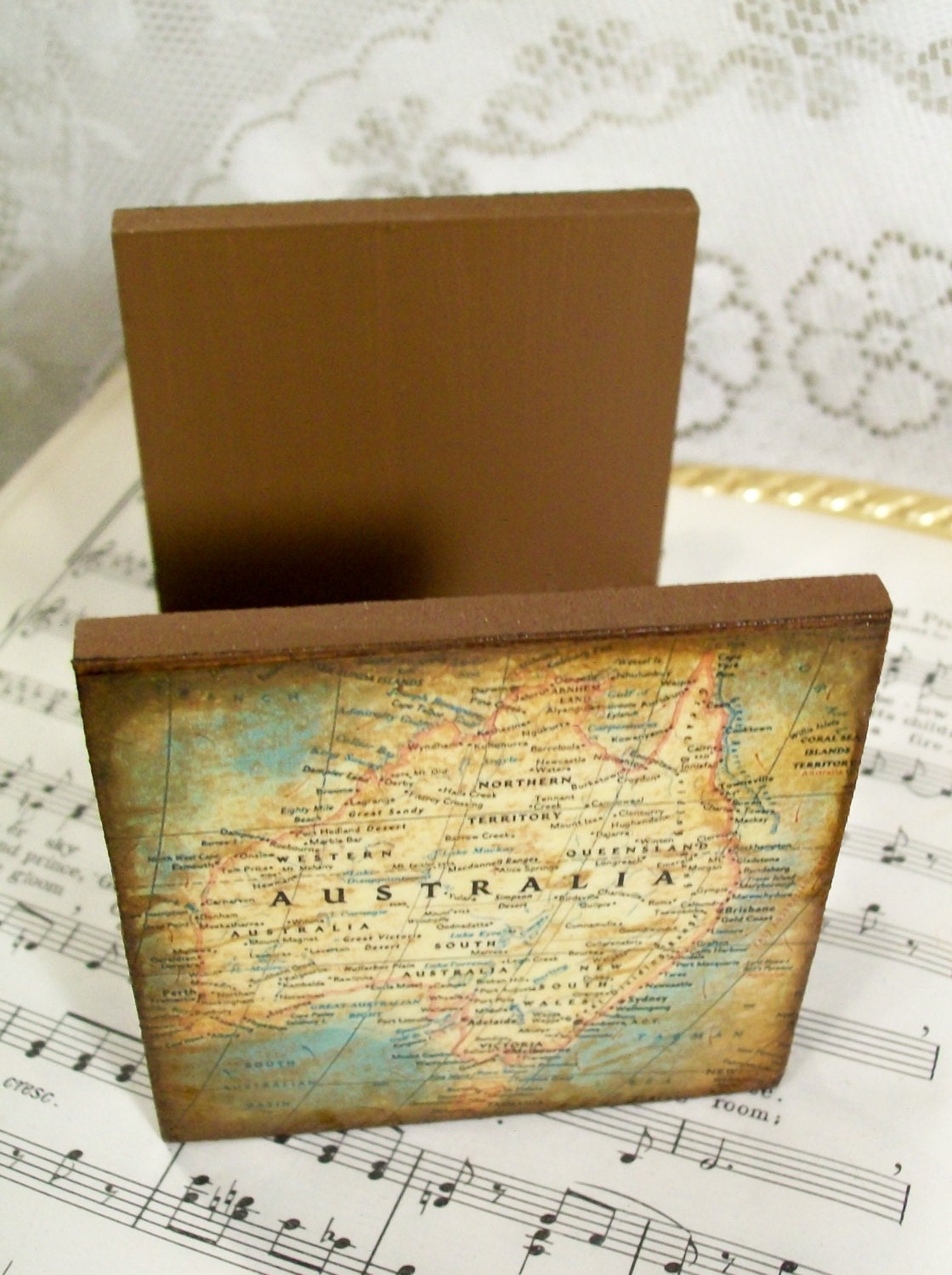 Map Coaster Holder Napkin Holder Old World Map of Australia Gold Stained and Antiqued Map Decoupage Art Teachers Historians World Travelers