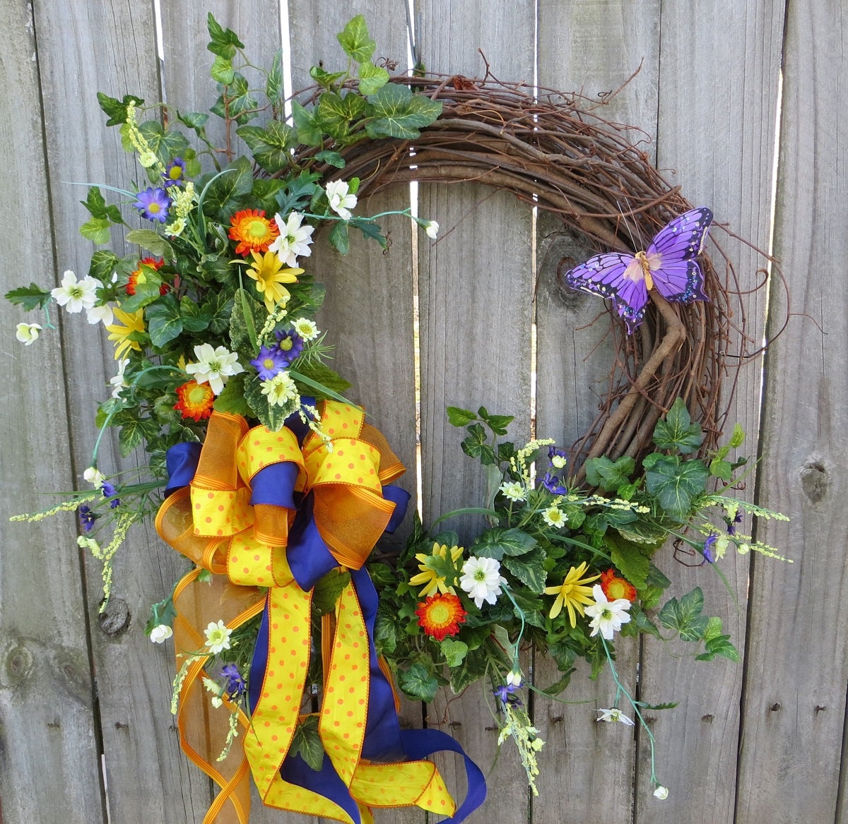 Spring Wildflower Wreath  - Spring Wreath in Orange, Yellow, and Purple with Butterfly and Bow -OOAK