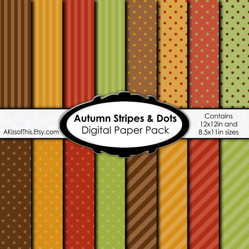 Autumn Stripes and Polka Dots - Thanksgiving Fall - Digital Paper Pack - Scrapbook Pages - 12x12 in and 8.5x11 in