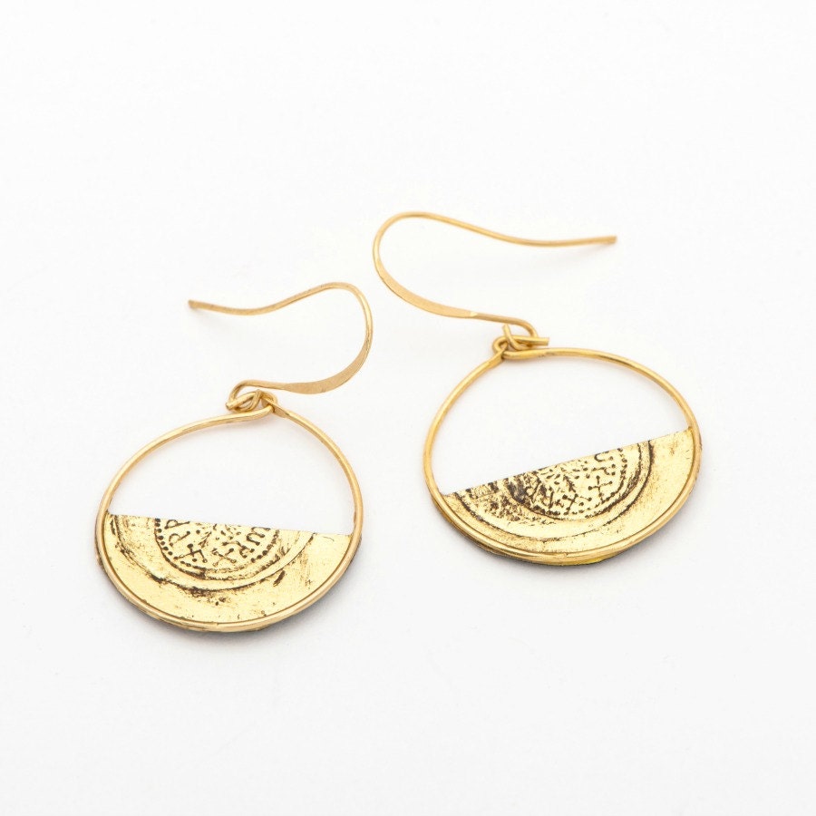 Old Coin Earrings, Paper Drop Earrings, Half Moon Gold Earrings, Statement Earrings - efratim