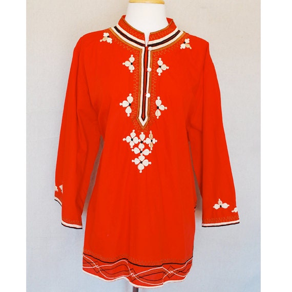 Vintage Embroidered Tunic Blouse Philippines Red Oriental Medium Large XL