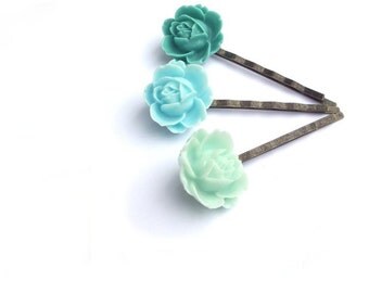 Mint Hair pins, Flower, Set of 3, bobby pins