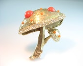 Vintage Mushroom Pin Coral Glass Cabochons w/ Rhinestones Signed Capri 1960s