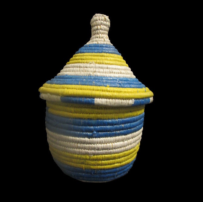 White and Yellow and Blue Hand Woven Basket