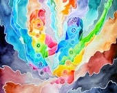 Unity Print (Rainbow Colorful Charka Love and Union Psychedelic Painting in Watercolor on Cotton Paper with Yogic and Spiritual Themes)