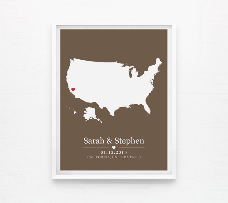 Wedding Gift Personalized United States Map Anniversary or Wedding Custom Location  8x10 Map Print